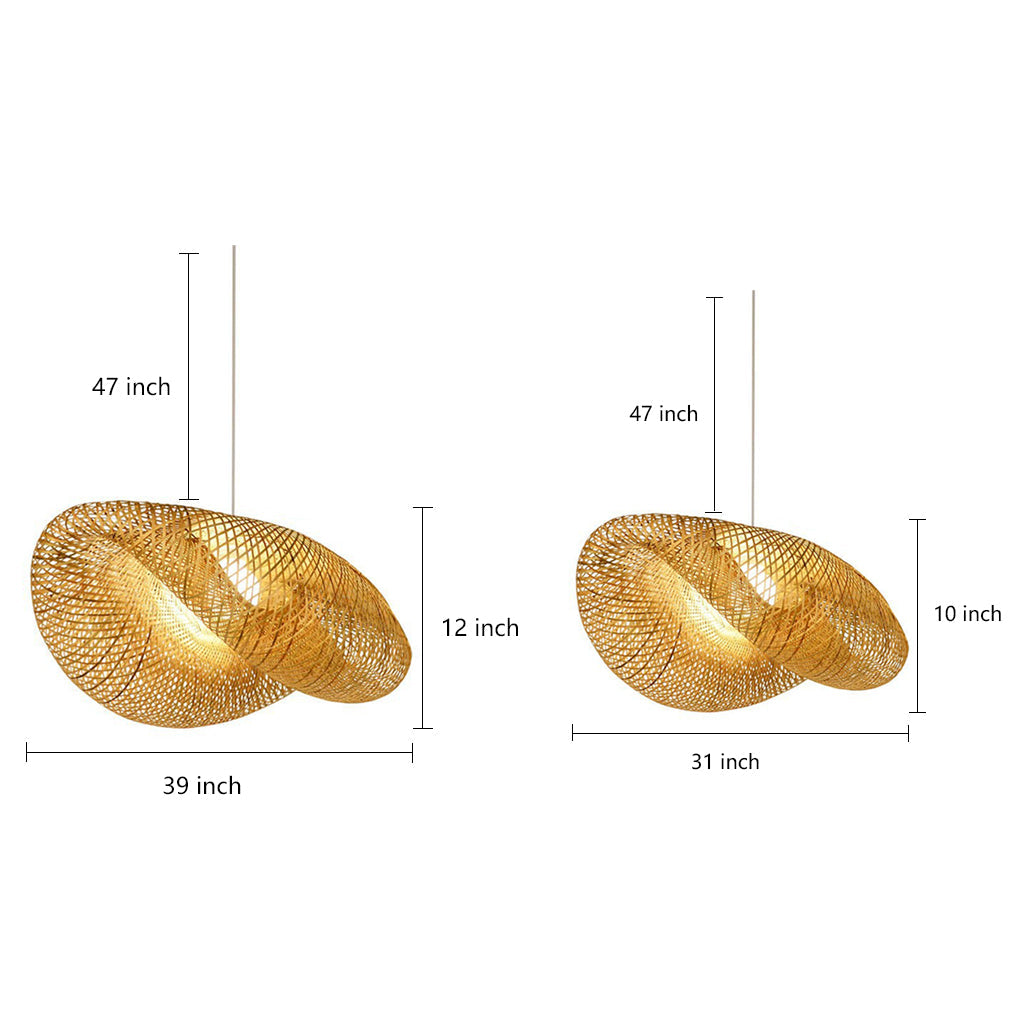 Rattan wave pendant light dimension drawing showing multiple size options.