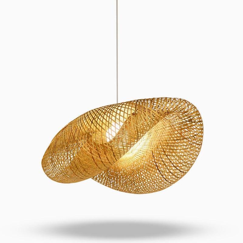 Rattan wave pendant light product view with hanging cord isolated.