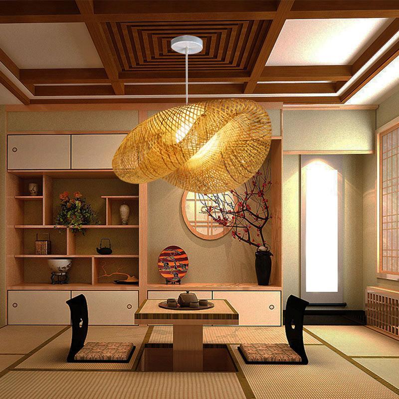 Rattan wave pendant light in a Japanese style interior with tatami and wood ceiling.