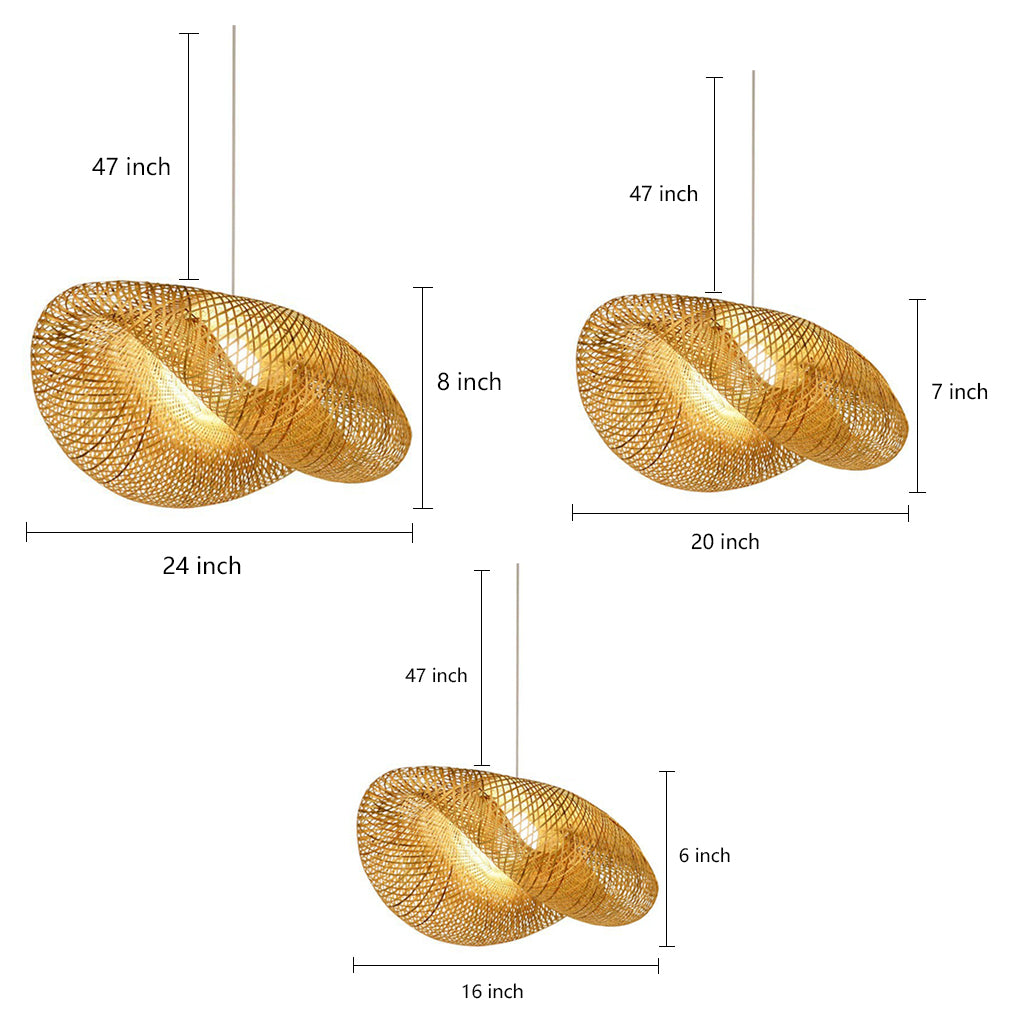 Rattan wave pendant light size comparison diagram with measurements.
