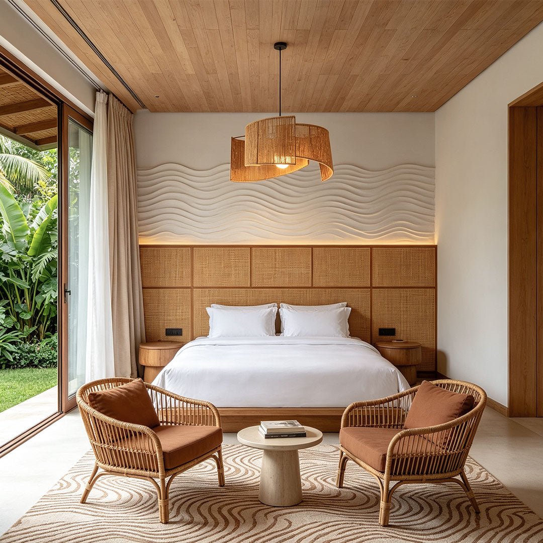 Rattan woven pendant light above a bed featuring an organic woven shade and cozy ambient lighting.