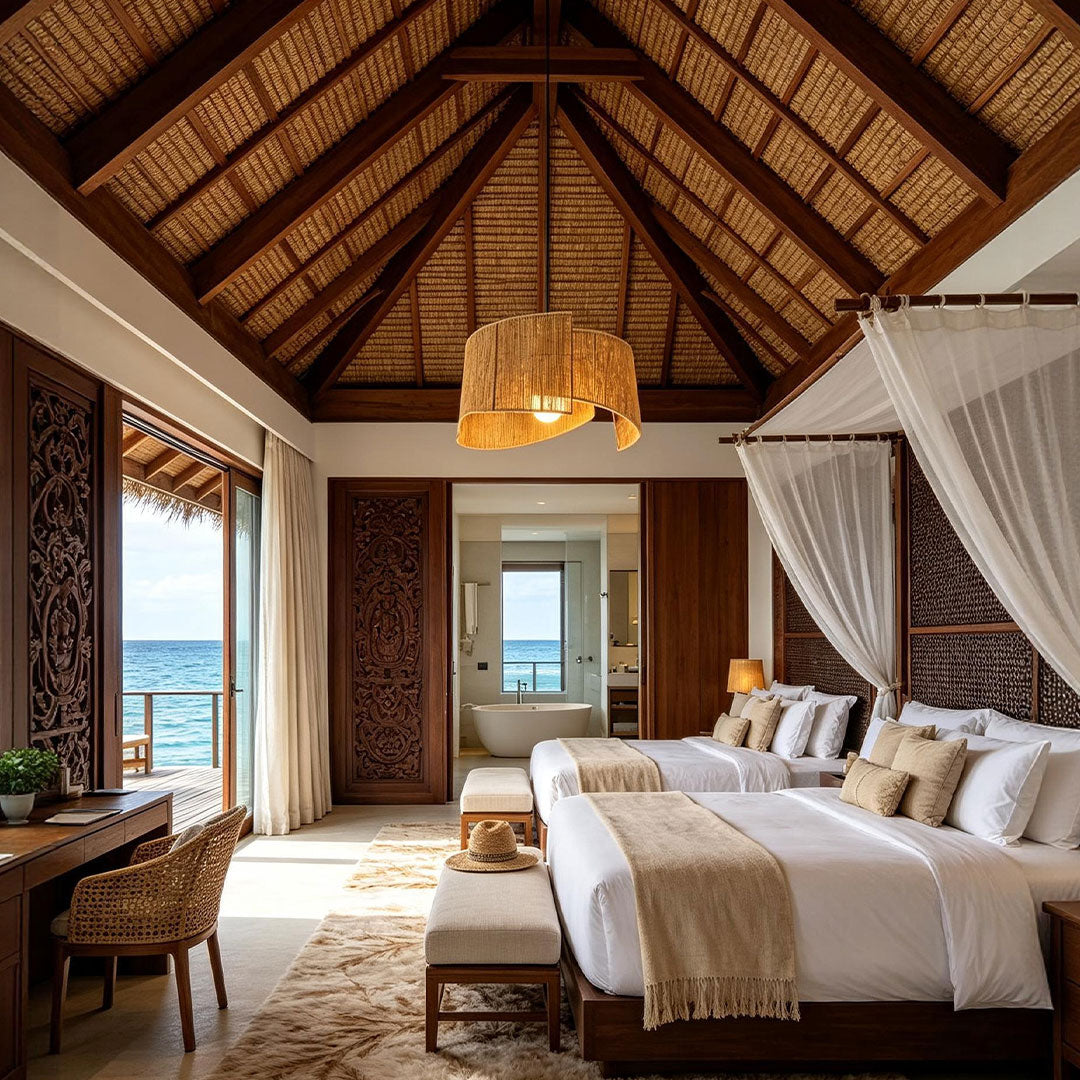 Rattan woven pendant light installed in a bedroom with a handcrafted texture and warm natural style.