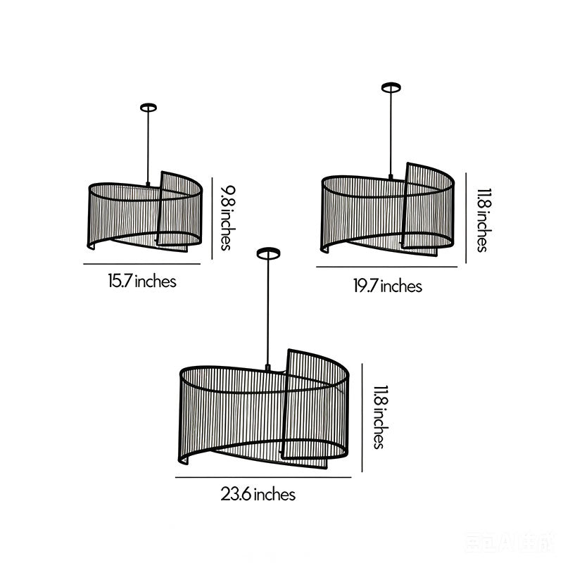 Rattan woven pendant light dimensions drawing showing different size options and hanging proportions.