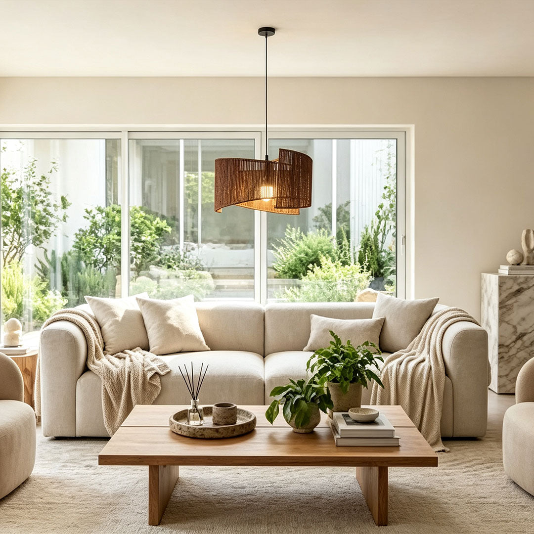 Rattan woven pendant light installed in a modern living room with a natural fiber shade.