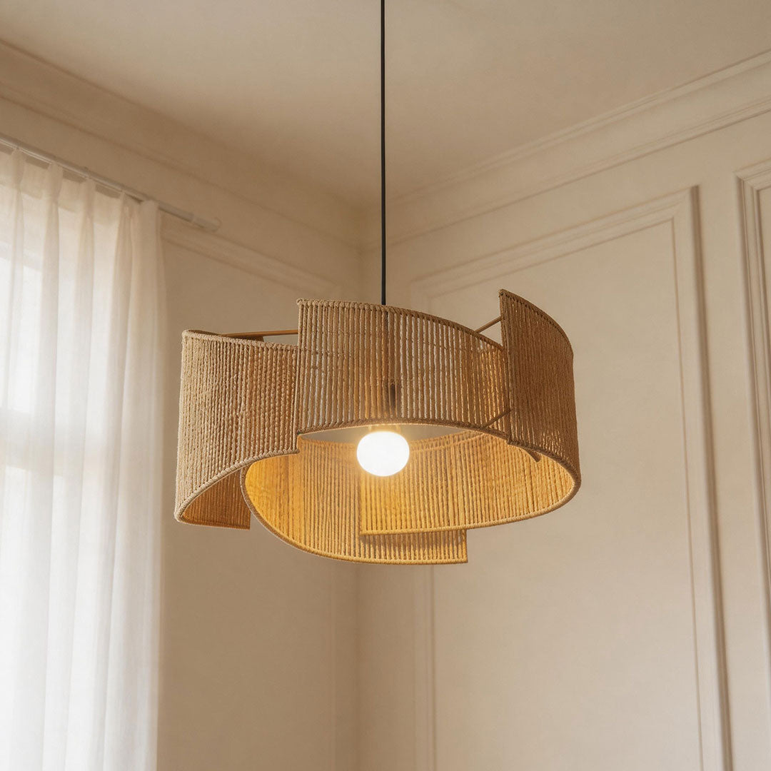 Rattan woven pendant light with natural woven shade and modern hanging design for interior spaces.