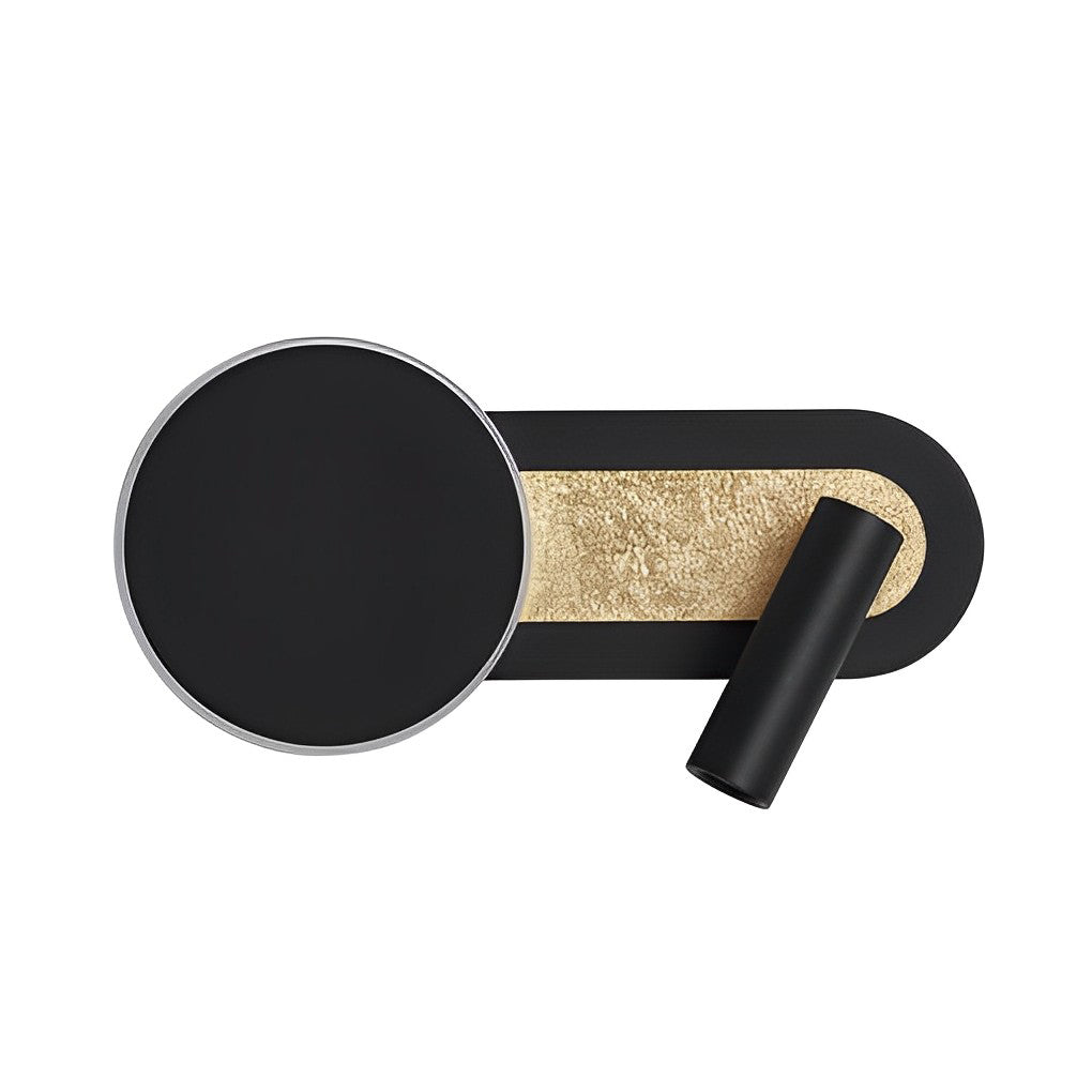 Reading light for bed wall mounted in black and gold, displayed against a white background.