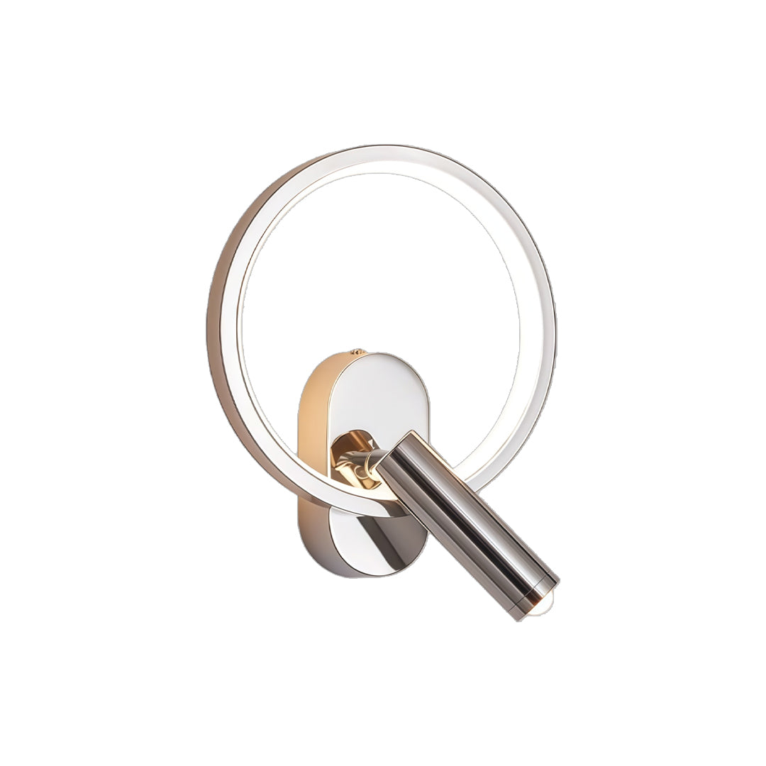 Elegant dark chrome reading light for bed wall mounted featuring circular LED ring and spotlight.