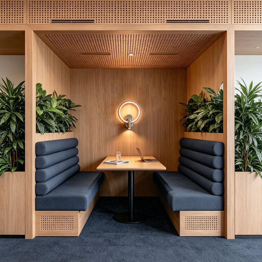 Contemporary reading light for bed wall mounted inside cozy restaurant booth with ambient halo lighting.