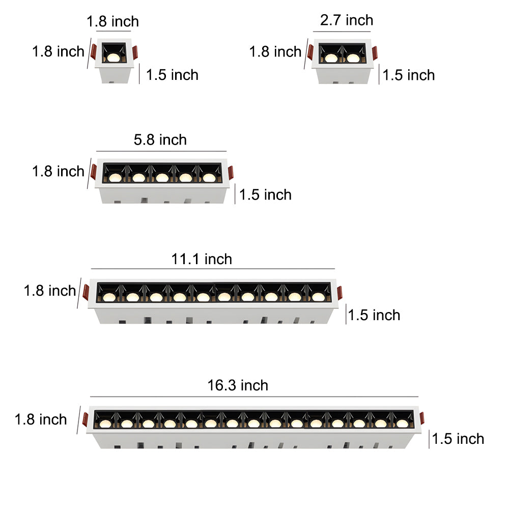 Recessed ceiling spot light dimension diagram showing multiple length configurations.