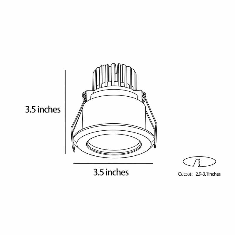 Technical diagram of recessed ceiling spotlights showing 3.5 inches height and width specs.