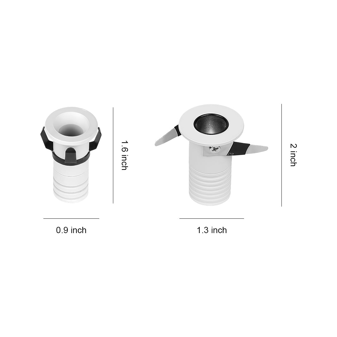 Recessed ceiling spotlights design reference showing two compact white fixtures with chrome and black bezels