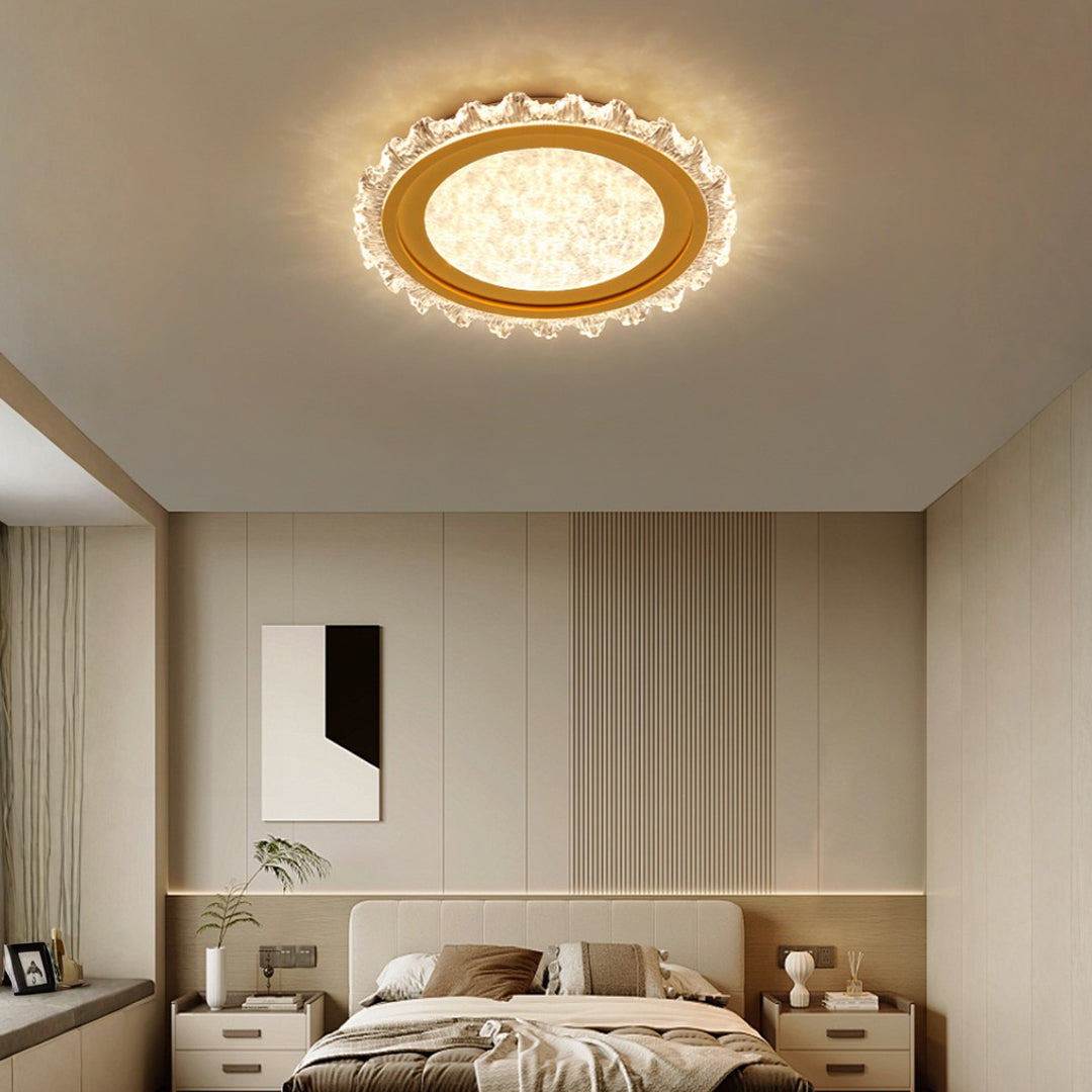Recessed glass shade chandelier with golden frame installed in modern dining room ceiling