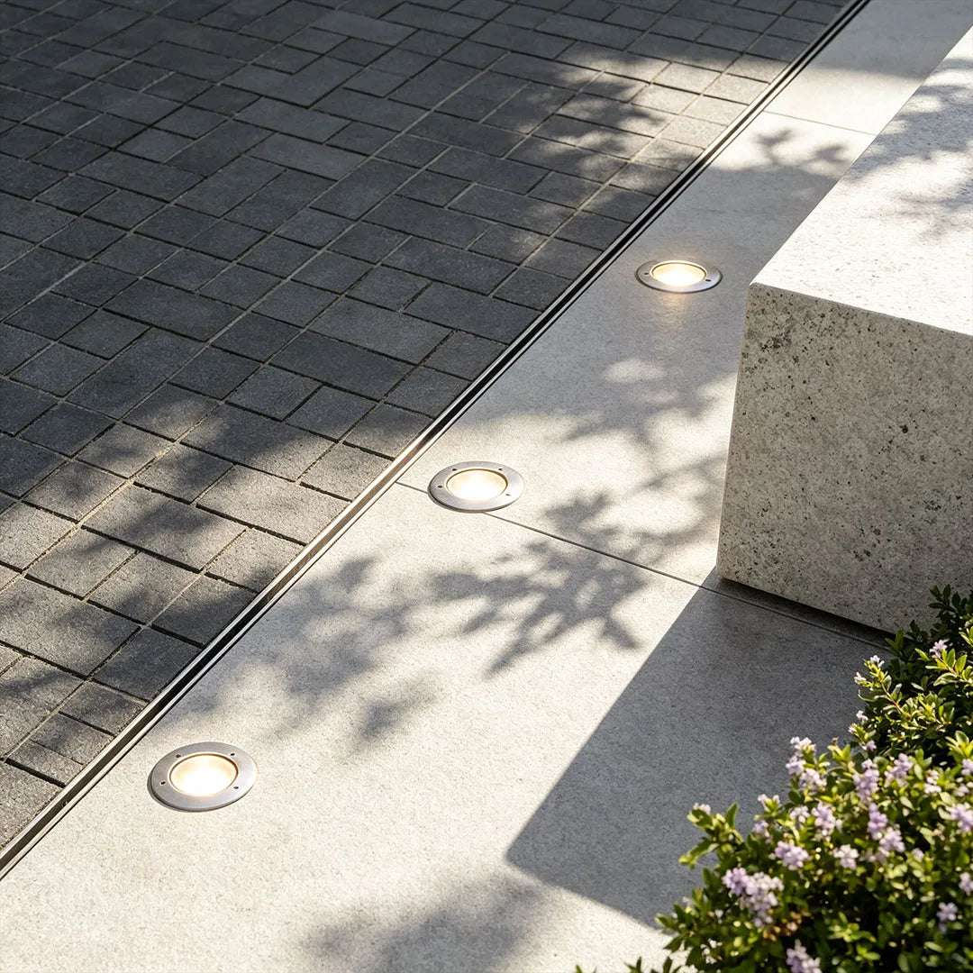 Recessed floor lighting set into a concrete pathway with evenly spaced in-ground lights for a clean contemporary look.