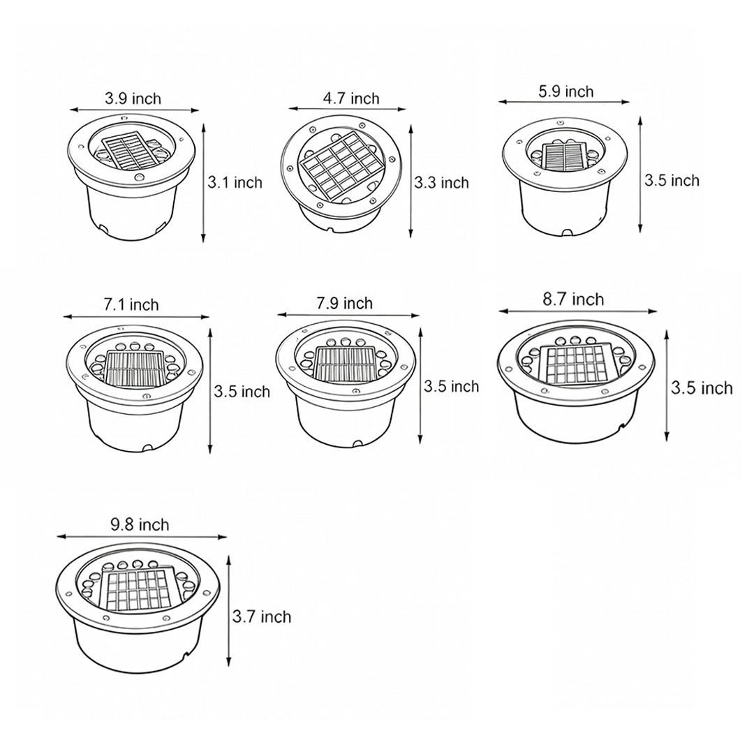 Recessed floor lighting size chart showing seven round in-ground fixtures with diameter and height measurements.