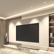 Recessed LED ceiling lights creating layered lighting design in living room entertainment area