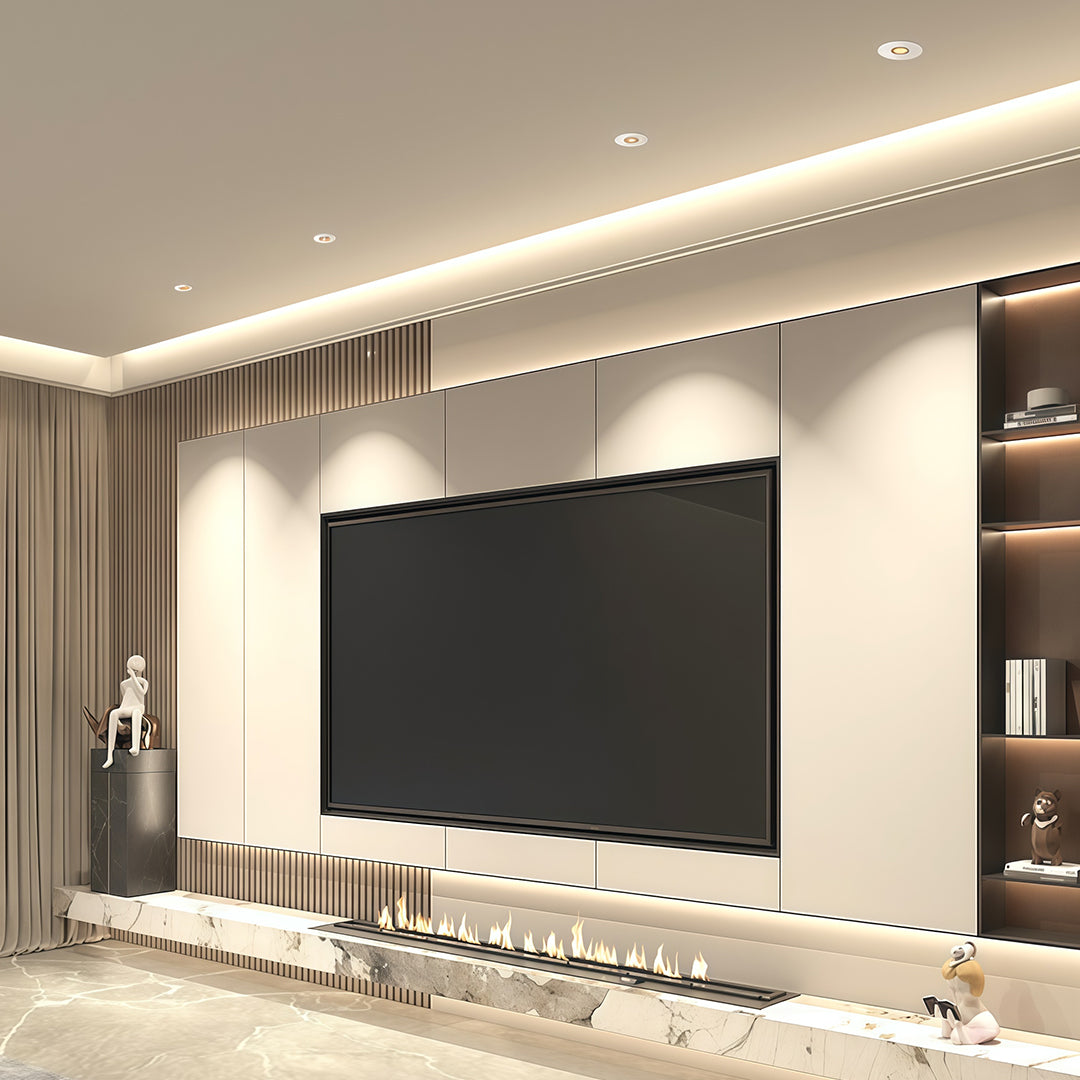Recessed LED ceiling lights creating layered lighting design in living room entertainment area