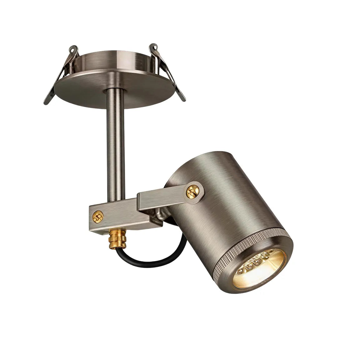 Spotlight ceiling light featuring an adjustable brushed metal head with recessed ceiling mounting hardware.