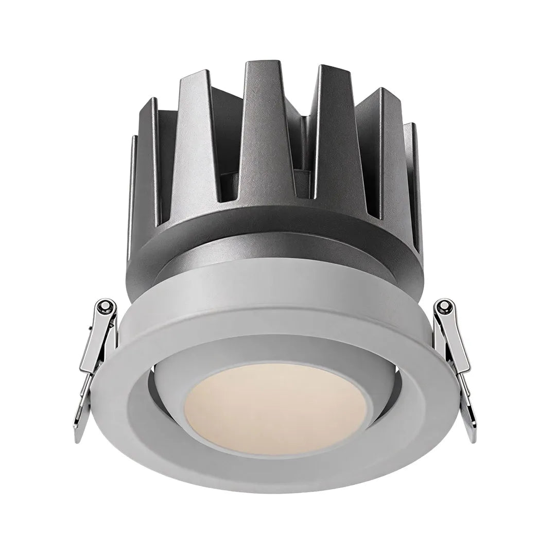 Spotlight ceiling lights with a recessed round design, silver trim, and frosted diffuser.