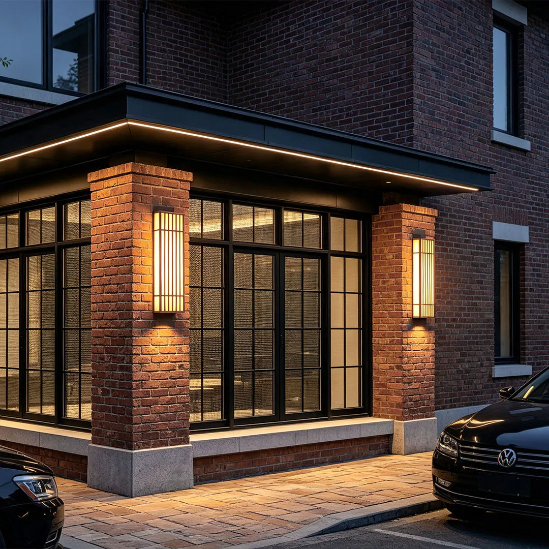 Rectangle LED outdoor wall lights illuminating a brick house exterior with large windows and a covered corner entry.