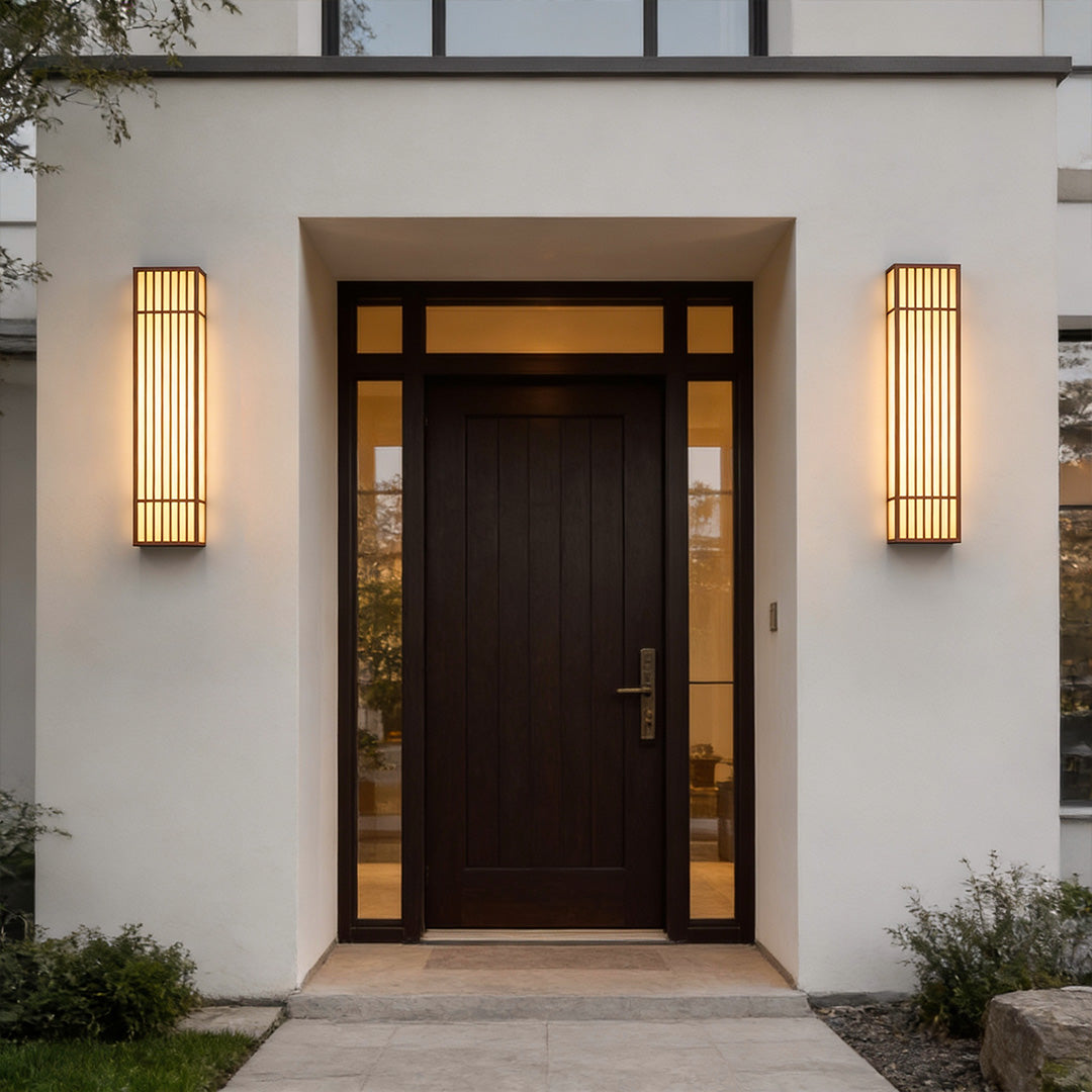 Rectangle LED outdoor wall light installed beside a modern front door