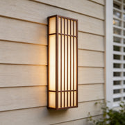 Rectangle LED outdoor wall light mounted on a light exterior wall with a slim vertical frame and warm glow.rectangle-led-outdoor-wall-light-light-exterior-wall