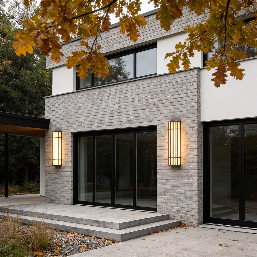 Rectangle LED outdoor wall light mounted on a modern house exterior wall