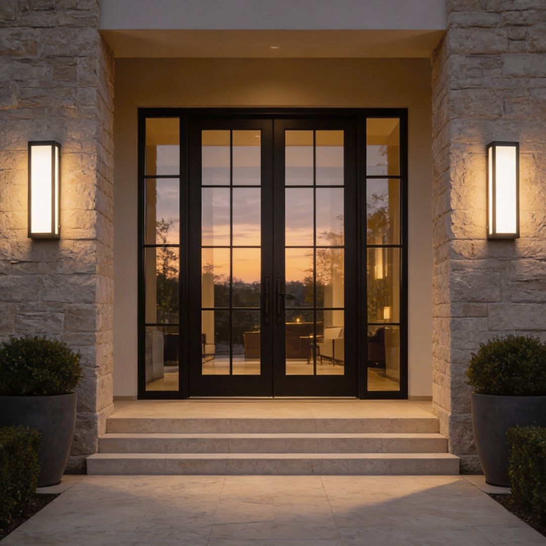 Rectangle outdoor wall lighting illuminating modern house entrance with warm glow.
