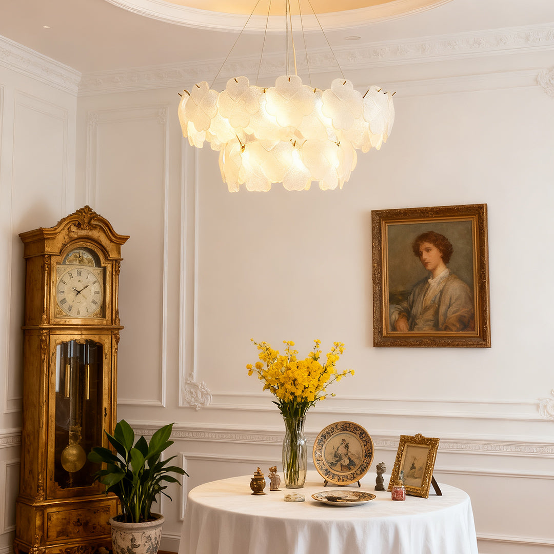 Rectangular artistic glass chandeliers with a gold frame, ideal for illuminating long dining tables