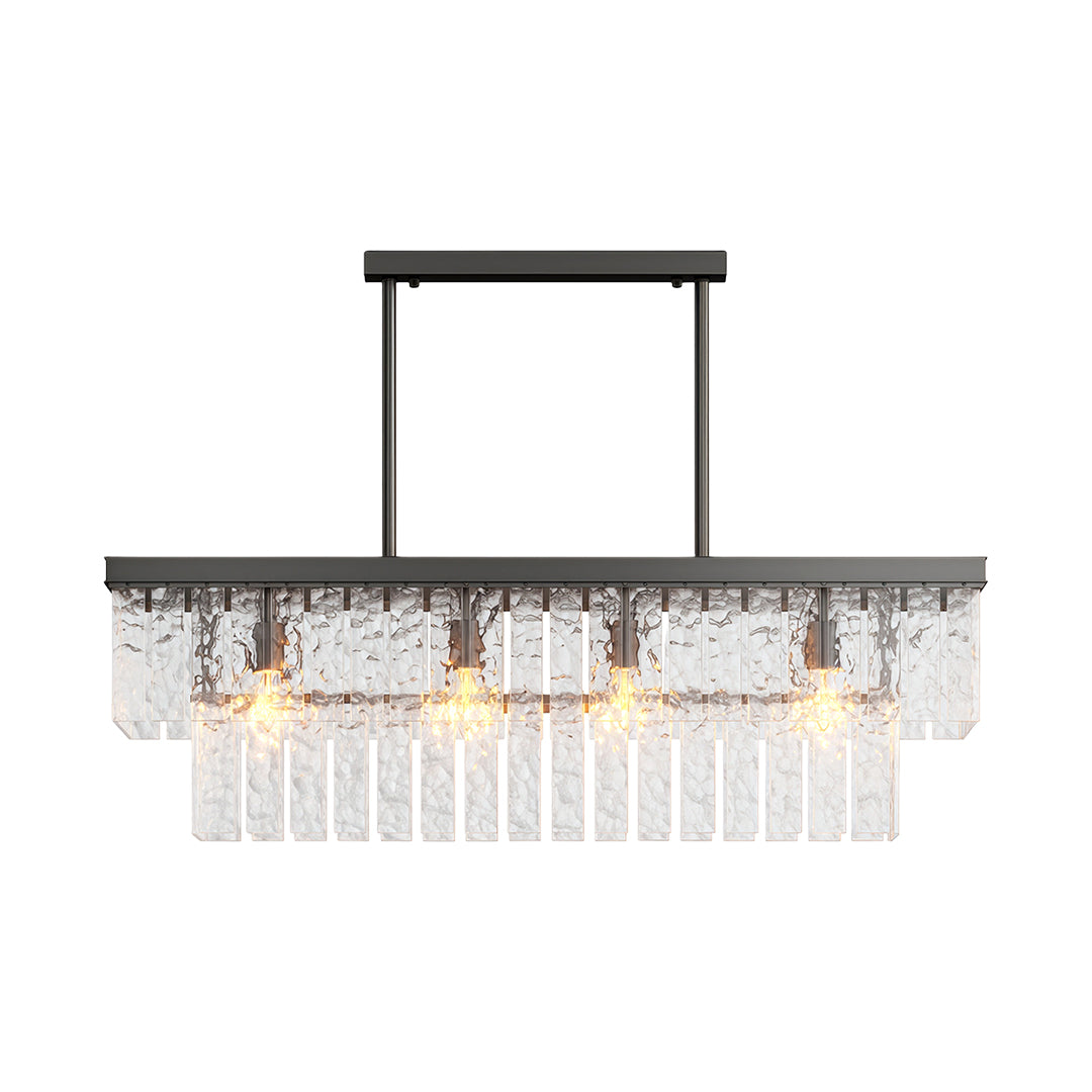 Round modern forms chandelier with rectangular black frame and cascading crystal glass rods.