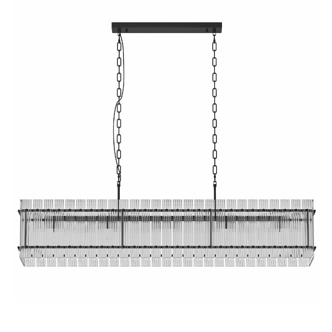 Rectangular black frame glass lamp shade chandelier with crystal panels, ideal for kitchen islands or dining areas.