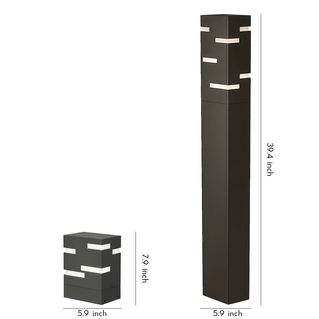 Sleek rectangular black led bollard lights with layered openings that emit soft horizontal illumination in a modern outdoor design.