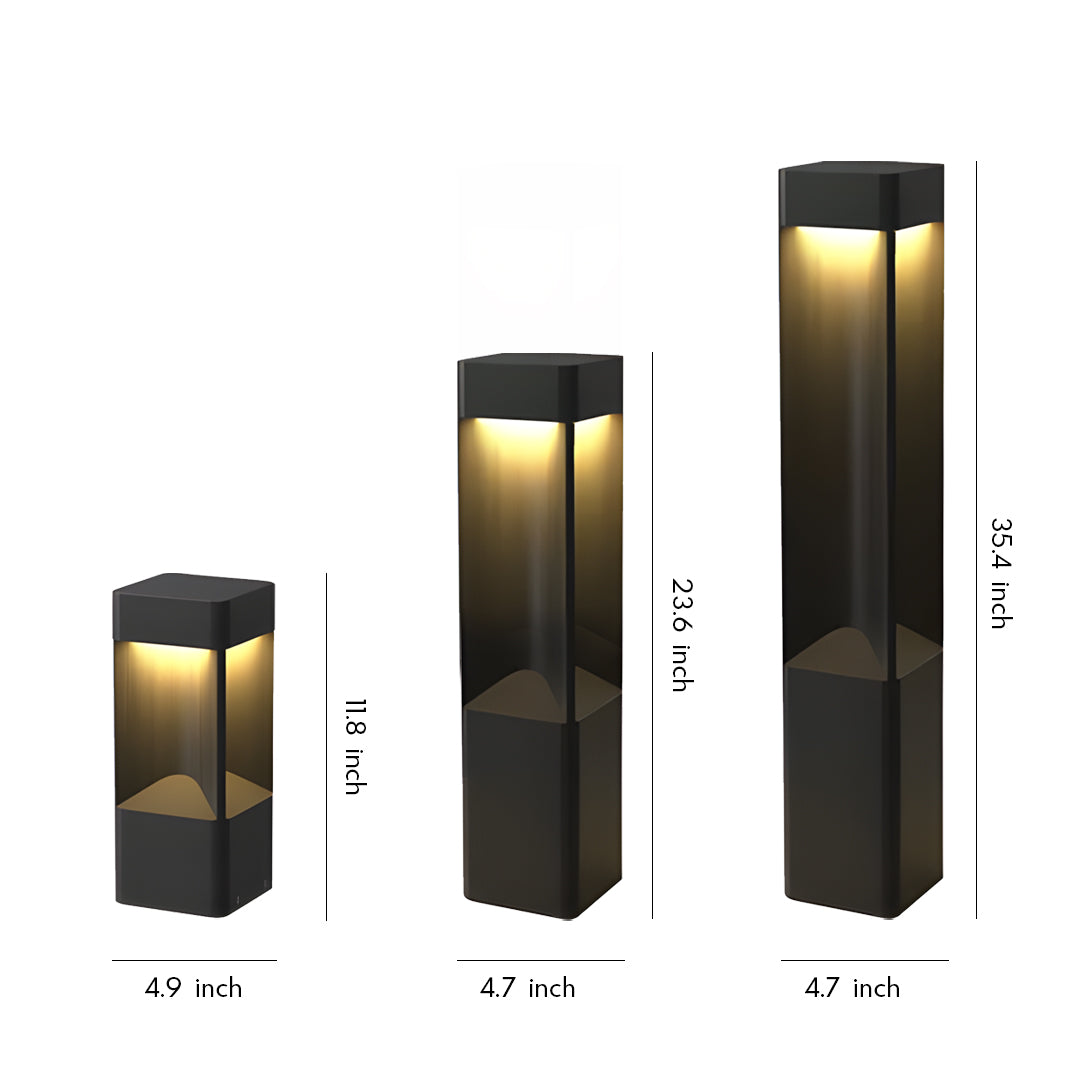 Modern slim rectangular bollards lighting fixtures in multiple height options displayed on a white background.
