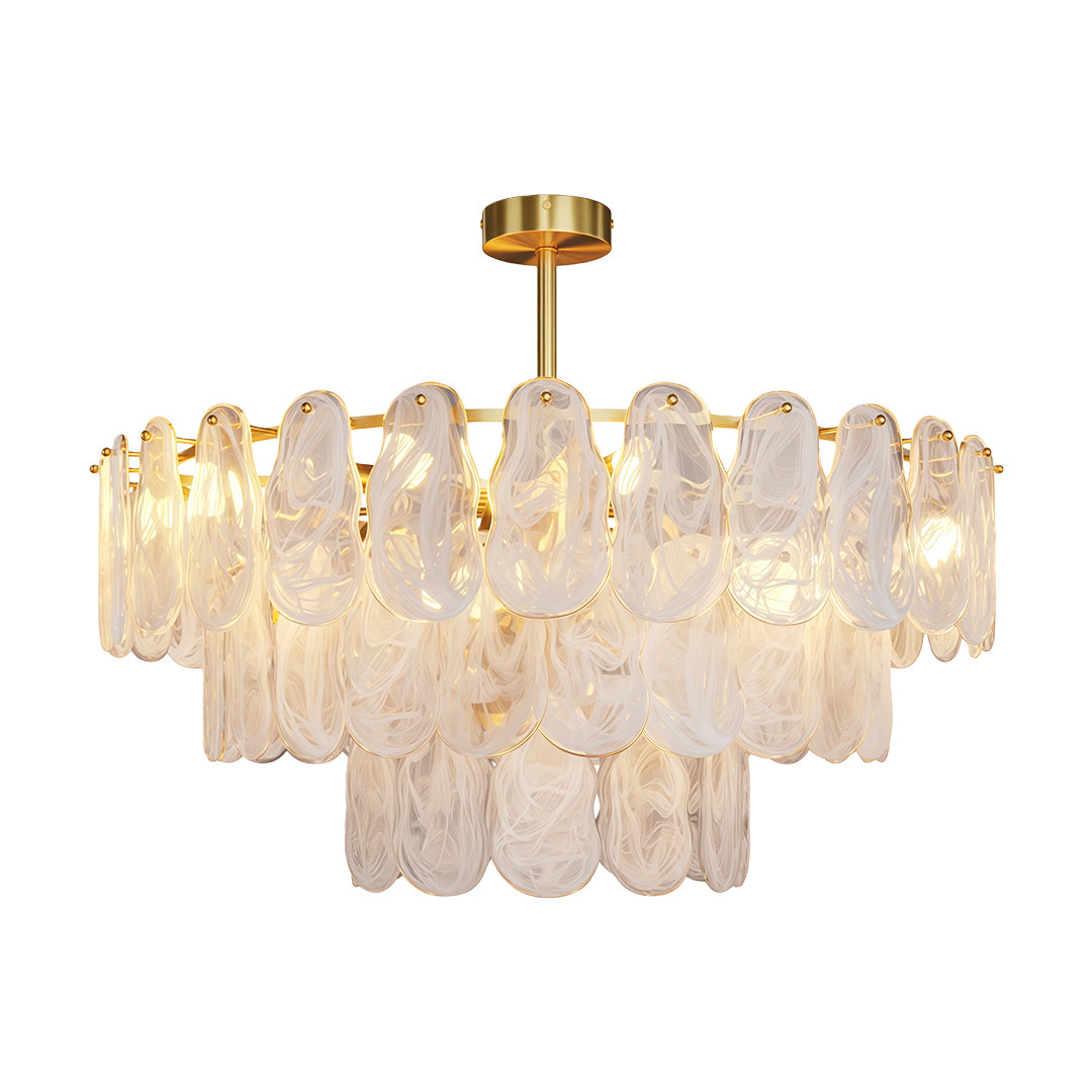 Midcentury modern chandelier featuring rectangular brass frame with hanging glass panels.