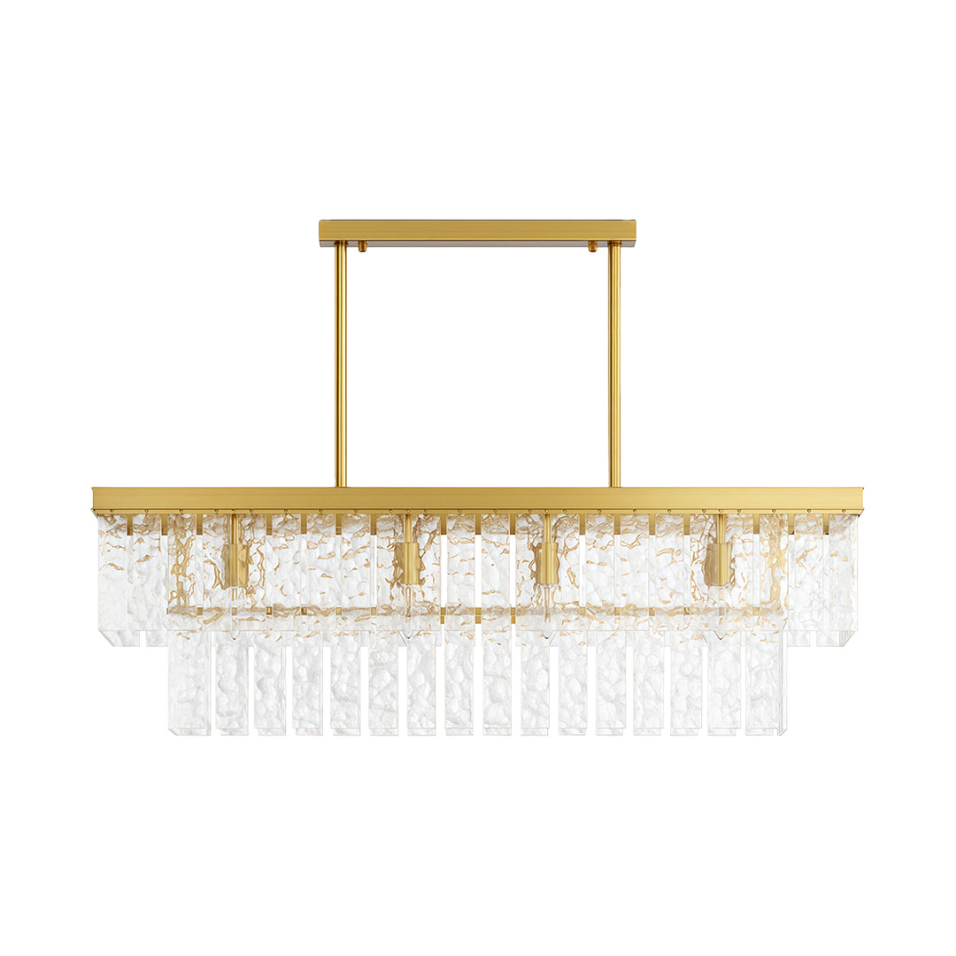 Round modern forms chandelier with rectangular brass frame and linear crystal arrangement.