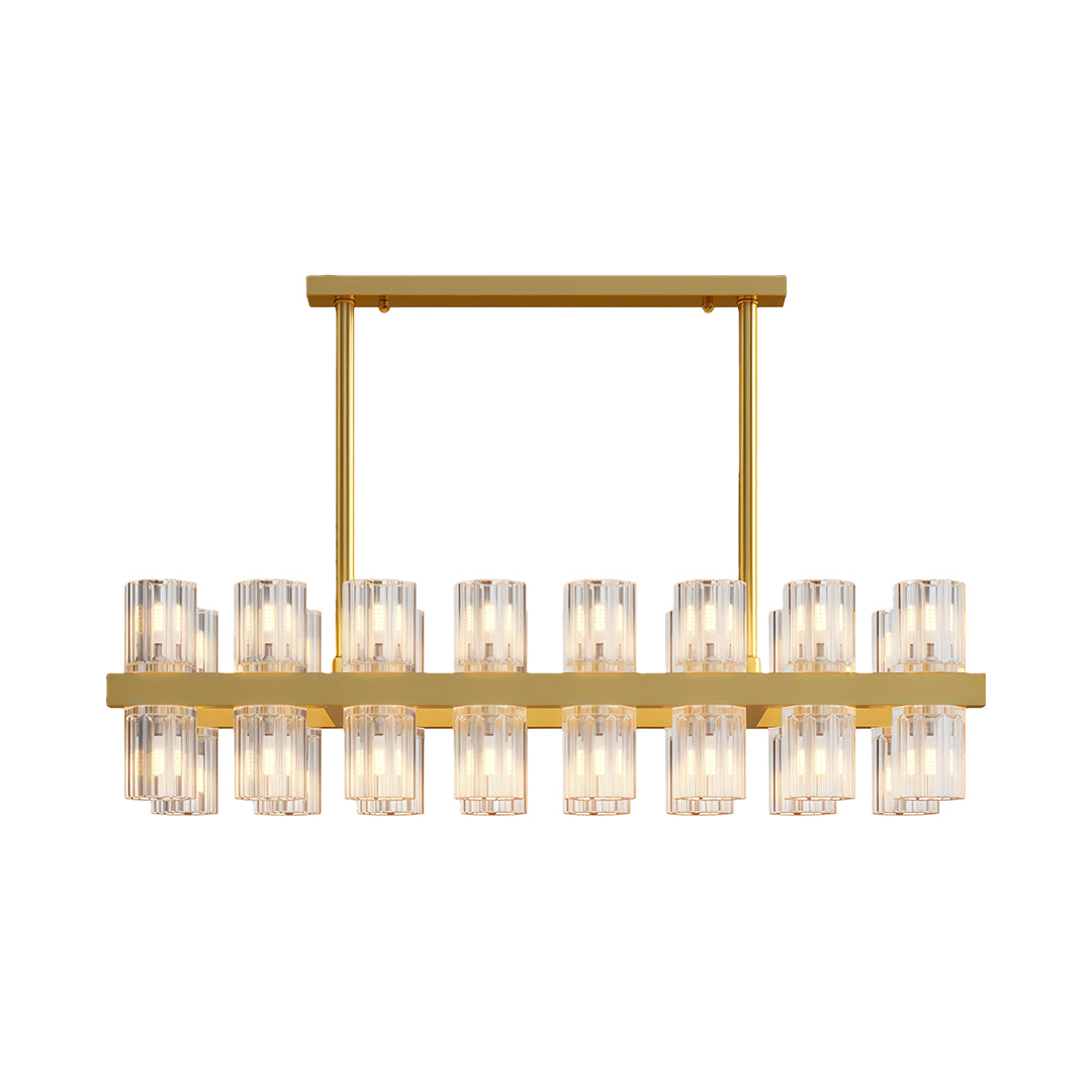 Modern luxury crystal chandeliers with rectangular brass frame and linear glass arrangement.