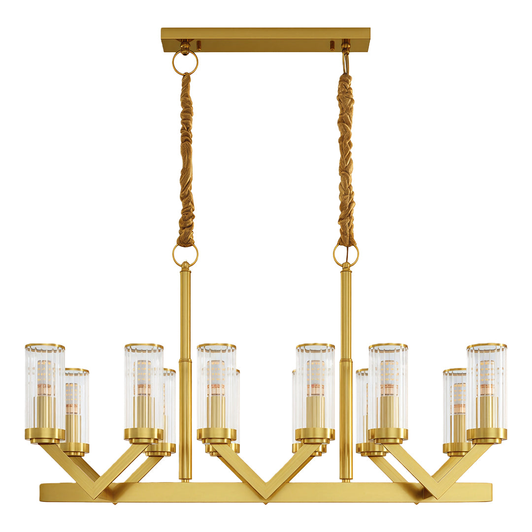 Modern luxury chandeliers with rectangular brass frame and linear glass drops