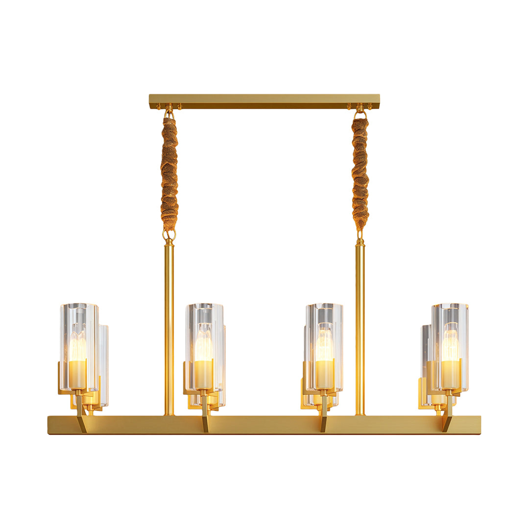 Shell chandeliers with rectangular brass frame and linear horizontal glass cylinder layout
