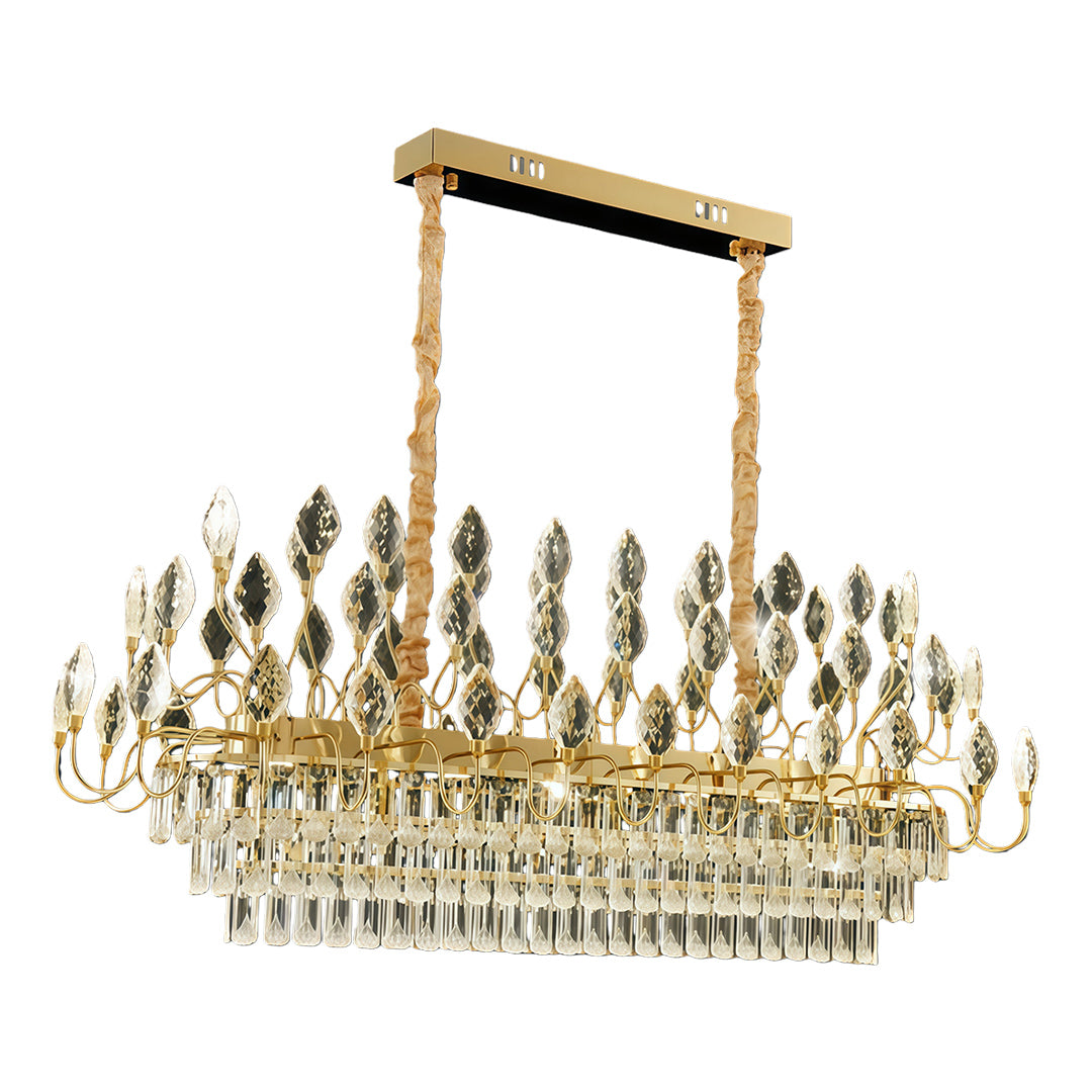 Rectangular ceramic crystal led chandelier with gold frame and white accents.