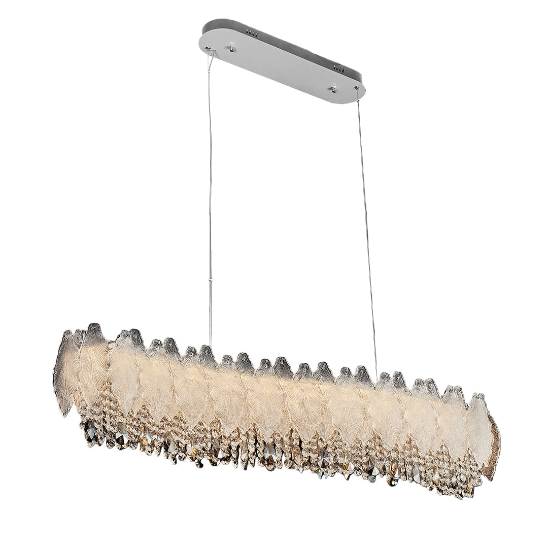 Rectangular country French chandelier above dining table in modern farmhouse decor.