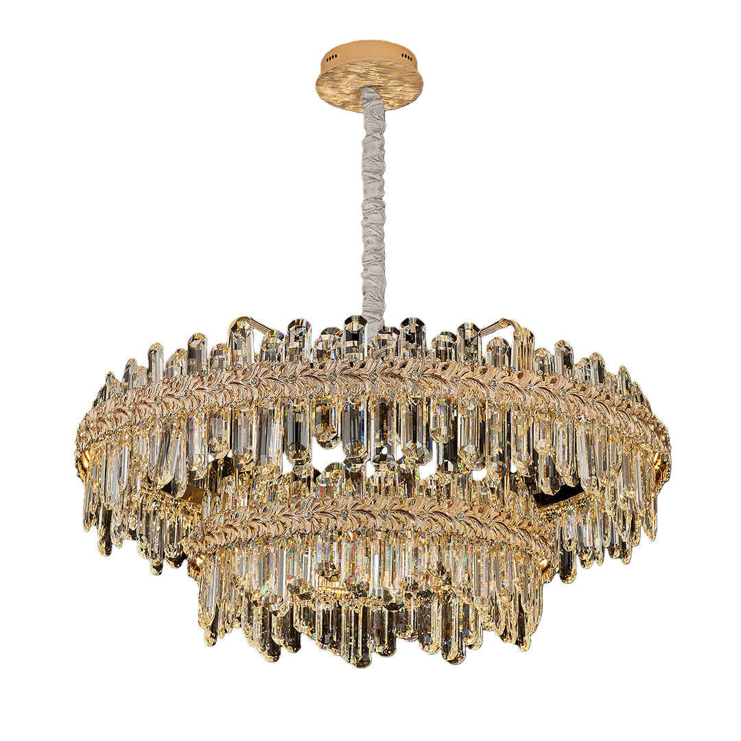 Rectangular chandelier lamp with gold frame and clear crystal rods.