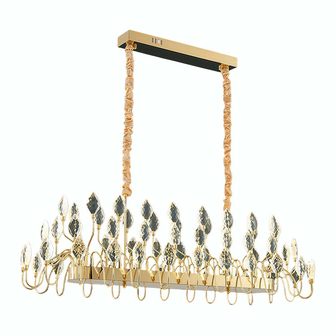 Rectangular crystal gold LED chandelier with gold frame and hanging crystals.
