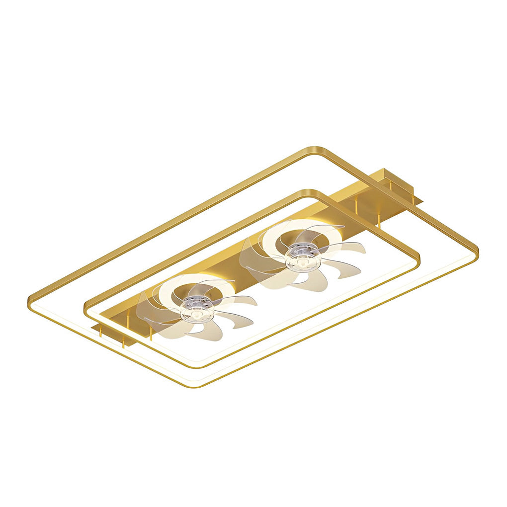 Modern rectangular dual head ceiling fans with black frame and integrated light.