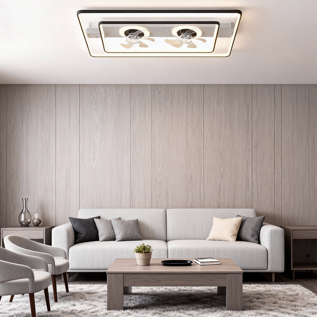 Rectangular dual head ceiling fans with LED lighting installed in a minimalist apartment interior.