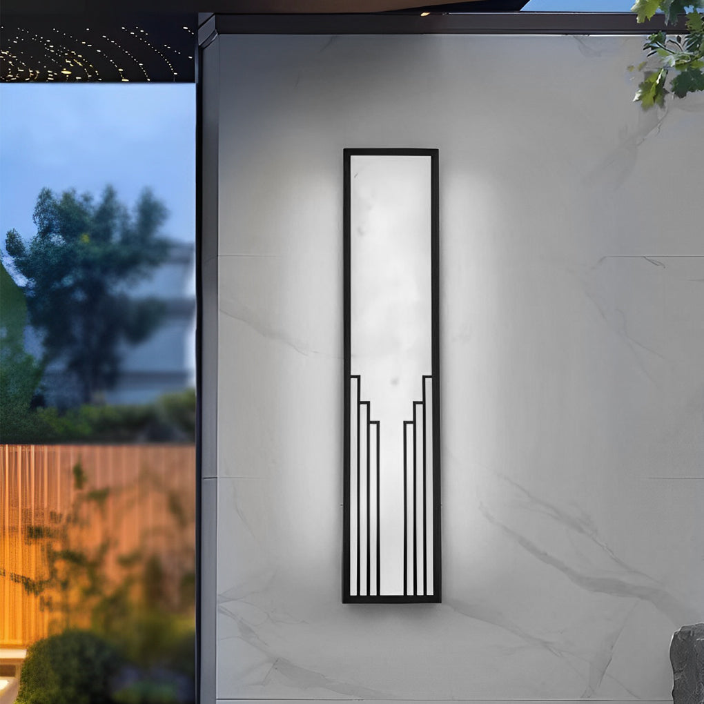 Rectangular exterior wall sconce with a close-up of its vertical light pattern.