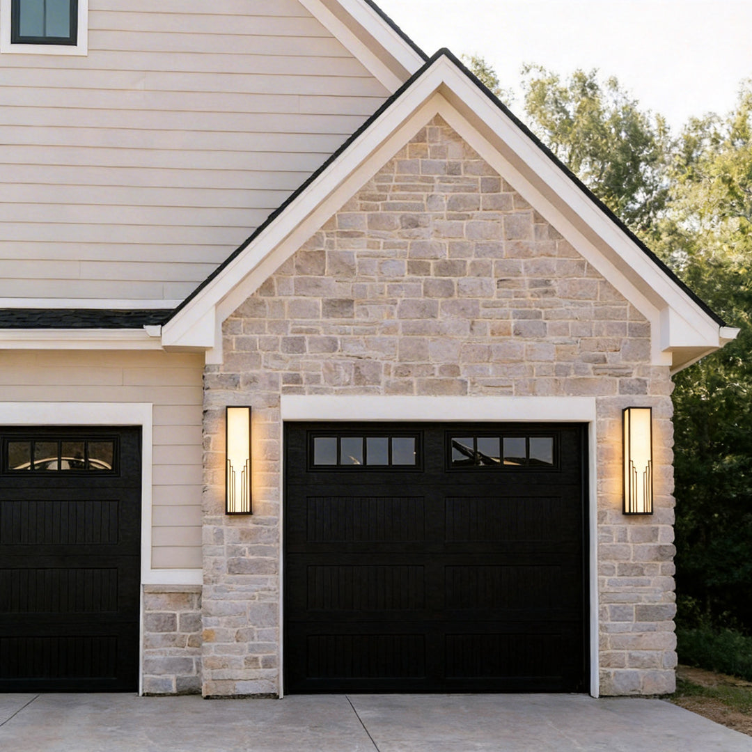 Rectangular exterior wall sconce with a sleek black frame, enhancing a garage exterior.