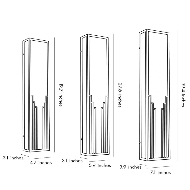 Technical diagram showing dimensions and structure of rectangular exterior wall sconce models.