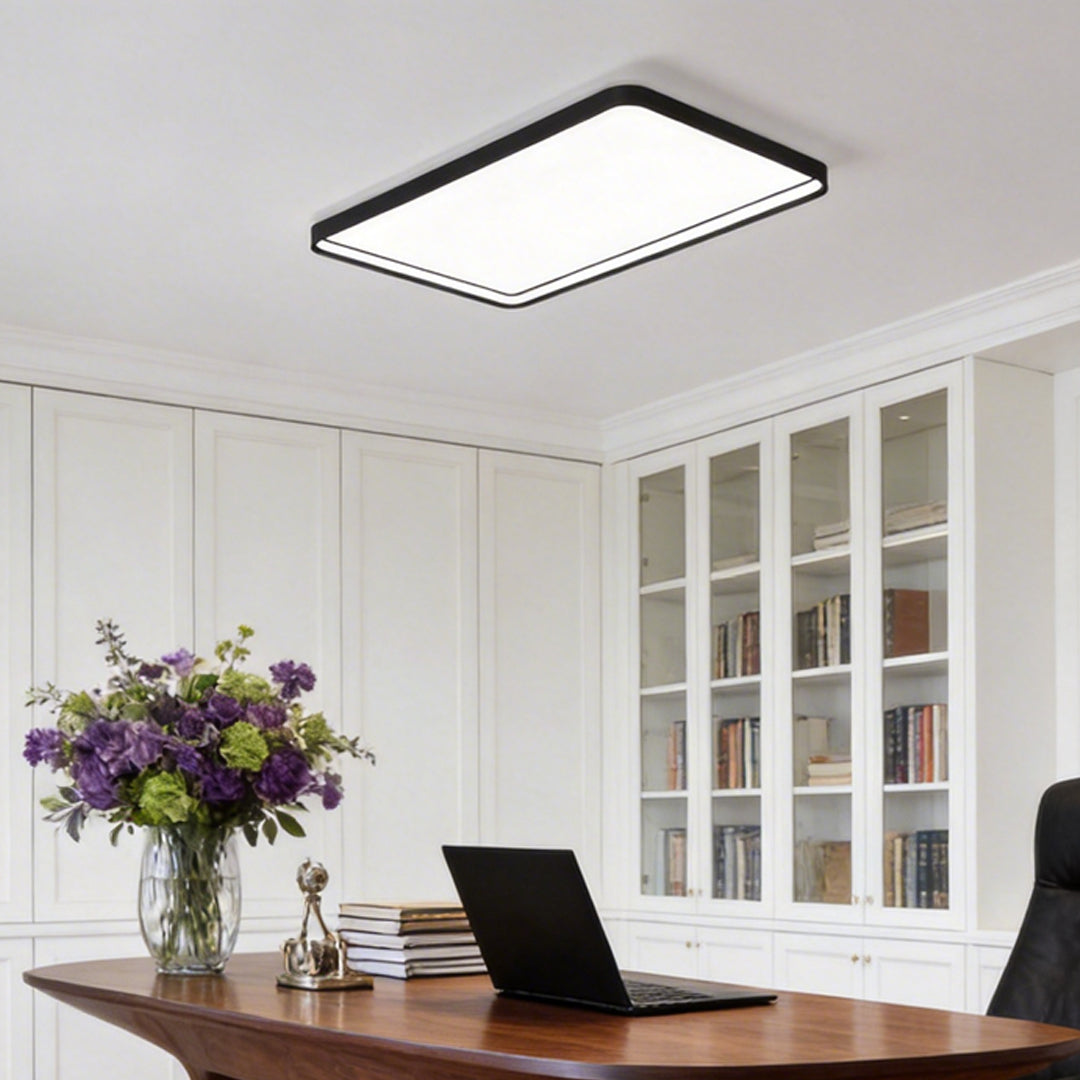 Rectangular flush mount ceiling light providing bright illumination in a modern home office.