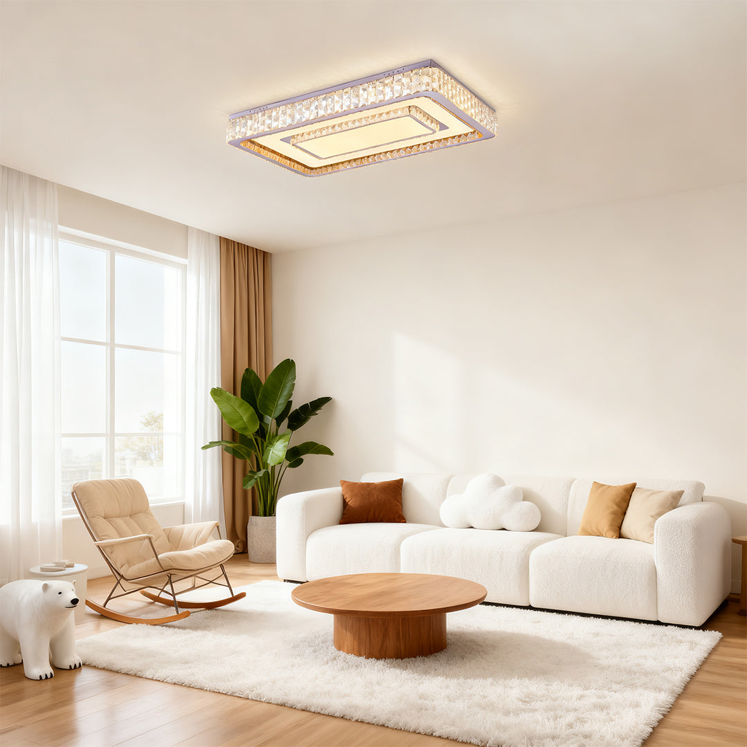 Rectangular flush mount LED light brightening a living room with natural light.