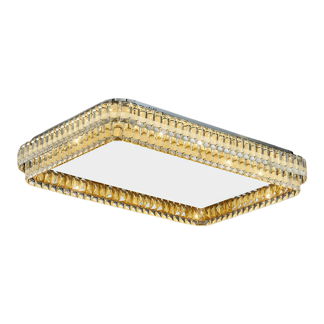 Rectangular flush mount modern light with luxurious gold crystal frame and even LED lighting.