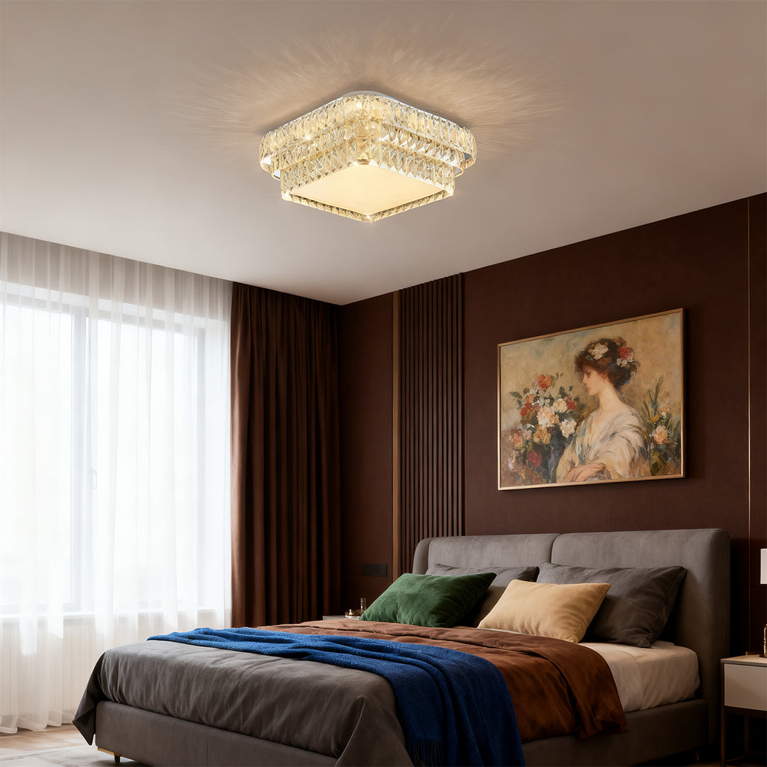 Rectangular flush mounted LED lights with glass shade chandelier styling featuring crystal border and modern gold finish.